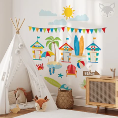 Kids Wall Decal with Beach Huts, Palm Trees, and Summer Accessories - Modelo Pc60
