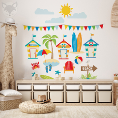 Kids Wall Decal with Beach Huts, Palm Trees, and Summer Accessories - Modelo Pc60 - buy online