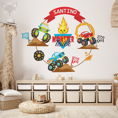 Personalized Kids Wall Decal with Monster Trucks and Name - Modelo Pc66 Monster Trucks