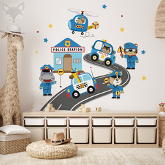 Kids Wall Decal with Police Station, Vehicles, and Animals - Modelo Pc68 - buy online