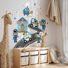 Kids Wall Decal with Police Station, Vehicles, and Animals - Modelo Pc68