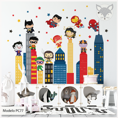 Vinilo Decorativo Infantil de Superhéroes en la Ciudad - Modelo PC77 Hero City - comprar online