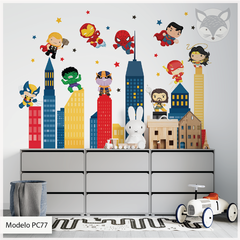Vinilo Decorativo Infantil de Superhéroes en la Ciudad - Modelo PC77 Hero City - tienda online