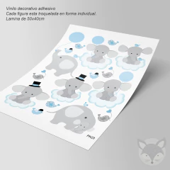 Vinilo Infantil Elefantes y Pájaros en Nubes Azul Dulce Decoración PK23 - comprar online