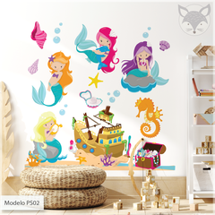 Vinilo infantil troquelado, sirenas y tesoro pirata, decoración marina PS02