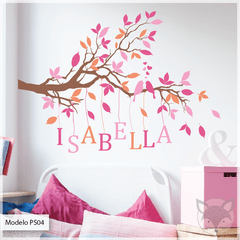 Vinilo infantil troquelado, rama con pájaros y nombre personalizable, decoración natural PS04 - tienda online