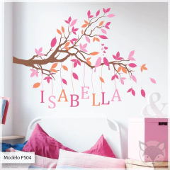 Vinilo infantil troquelado, rama con pájaros y nombre personalizable, decoración natural PS04 - tienda online