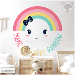 Vinilo infantil troquelado, arcoíris sonriente y estrellas, decoración alegre PS05