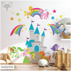 Vinilo infantil troquelado, castillo de unicornios y arcoíris, fantasía colorida PS08