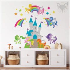 Vinilo infantil troquelado, castillo de unicornios y arcoíris, fantasía colorida PS08 en internet