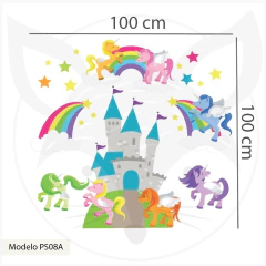 Vinilo infantil troquelado, castillo de unicornios y arcoíris, fantasía colorida PS08 - Little Dreamer Deco - vinilos decorativos infantiles