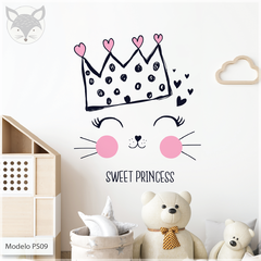 Vinilo infantil troquelado, carita de gatito con corona y estrellas, nombre personalizable PS09
