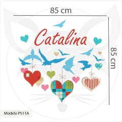 Kids cut-out vinyl, hearts and birds with custom name, PS11 - Little Dreamer Deco - vinilos decorativos infantiles