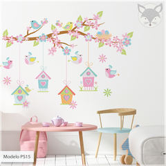 Kids cut-out vinyl, hanging birdhouses and flowers, PS15