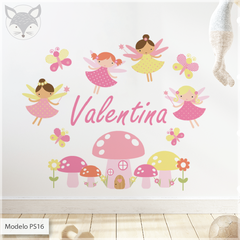 Kids cut-out vinyl, magical fairies and mushrooms with custom name, PS16