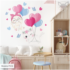 Kids cut-out vinyl, kawaii kittens with balloons, PS18