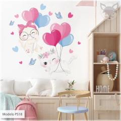 Vinilo infantil troquelado, gatitos kawaii con globos, PS18