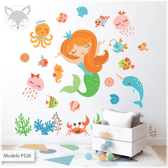 Vinilo infantil troquelado, sirena sonriente y animales marinos, PS20 - comprar online
