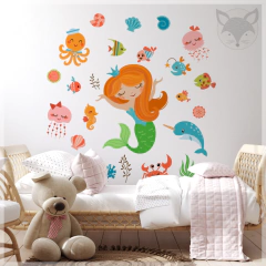 Kids cut-out vinyl, smiling mermaid and sea animals, PS20