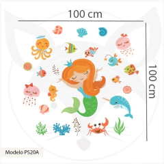 Kids cut-out vinyl, smiling mermaid and sea animals, PS20 - Little Dreamer Deco - vinilos decorativos infantiles