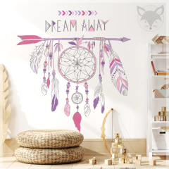 Vinilo decorativo, atrapasueños con plumas en tonos suaves, mural infantil PS21