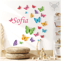 Decorative vinyl, colorful butterflies with personalized name, children's mural PS26