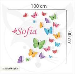 Decorative vinyl, colorful butterflies with personalized name, children's mural PS26 - Little Dreamer Deco - vinilos decorativos infantiles