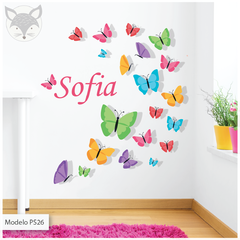 Vinilo decorativo, mariposas de colores con nombre personalizado, mural infantil PS26 - comprar online