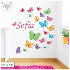 Decorative vinyl, colorful butterflies with personalized name, children's mural PS26 - buy online