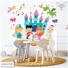 Vinilo decorativo, mundo de cuentos con castillo y personajes mágicos, mural infantil PS29