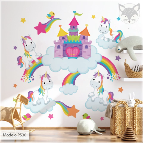 Vinilo decorativo, unicornios y arcoíris en castillo de fantasía, mural infantil PS30