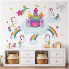 Vinilo decorativo, unicornios y arcoíris en castillo de fantasía, mural infantil PS30 en internet