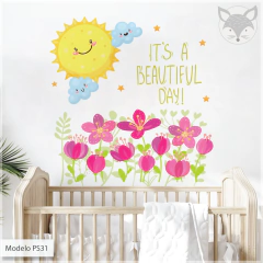 Vinyl mural, happy sun and flowers, kids decor PS31 - buy online