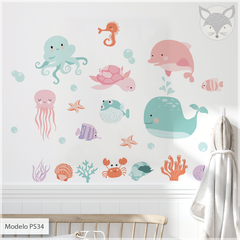 Mural de vinilo, animales marinos adorables, vinilo decorativo PS34