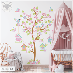 Vinyl mural, tree with birds and houses, kids wall art PS35