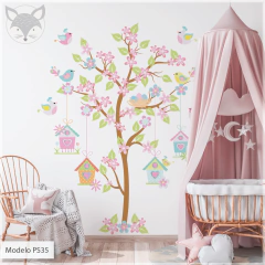 Mural de vinilo, árbol con pajaritos y casitas, vinilo infantil PS35