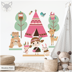 Vinilo infantil tipi y animales, mural decorativo nórdico PS41 - comprar online