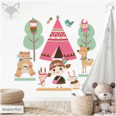 Children's tipi and animals wall sticker, Nordic decor mural PS41 - buy online