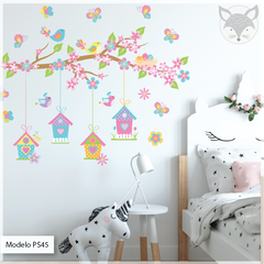 Vinilo infantil árbol y casitas de pájaros, mural decorativo naturaleza PS45