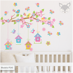 Vinilo infantil árbol y casitas de pájaros, mural decorativo naturaleza PS45 - comprar online