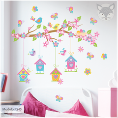 Vinilo infantil árbol y casitas de pájaros, mural decorativo naturaleza PS45 - Little Dreamer Deco - vinilos decorativos infantiles