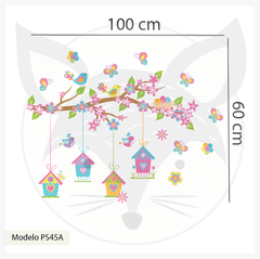 Vinilo infantil árbol y casitas de pájaros, mural decorativo naturaleza PS45 - tienda online