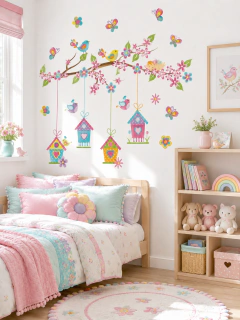 PROMO - Vinilo infantil árbol y casitas de pájaros, mural decorativo naturaleza PS45