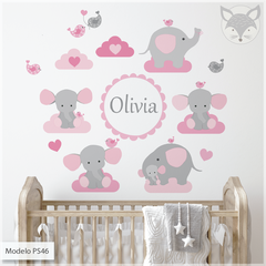 Vinilo infantil elefantes y nubes, mural decorativo personalizado PS46
