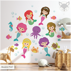 Vinilo infantil sirenas y océano, mural decorativo fantasía PS47