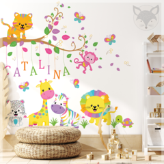 Vinilo infantil de animales de la selva con nombre personalizado PS51