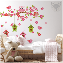Vinilo decorativo infantil con casitas de pájaros y búho PS53