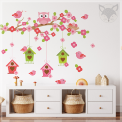 Vinilo decorativo infantil con casitas de pájaros y búho PS53 - comprar online