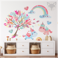 Vinilo infantil de unicornios y arco iris para pared PS54