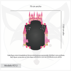 Mural pizarra de vinilo con castillo de princesa y detalles en rosa, modelo PZ12 - comprar online